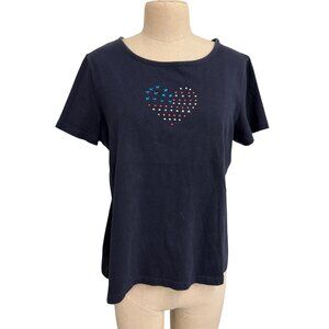 Vintage Villager Navy Blue T-Shirt With Rhinestone American Flag Heart Design Wo